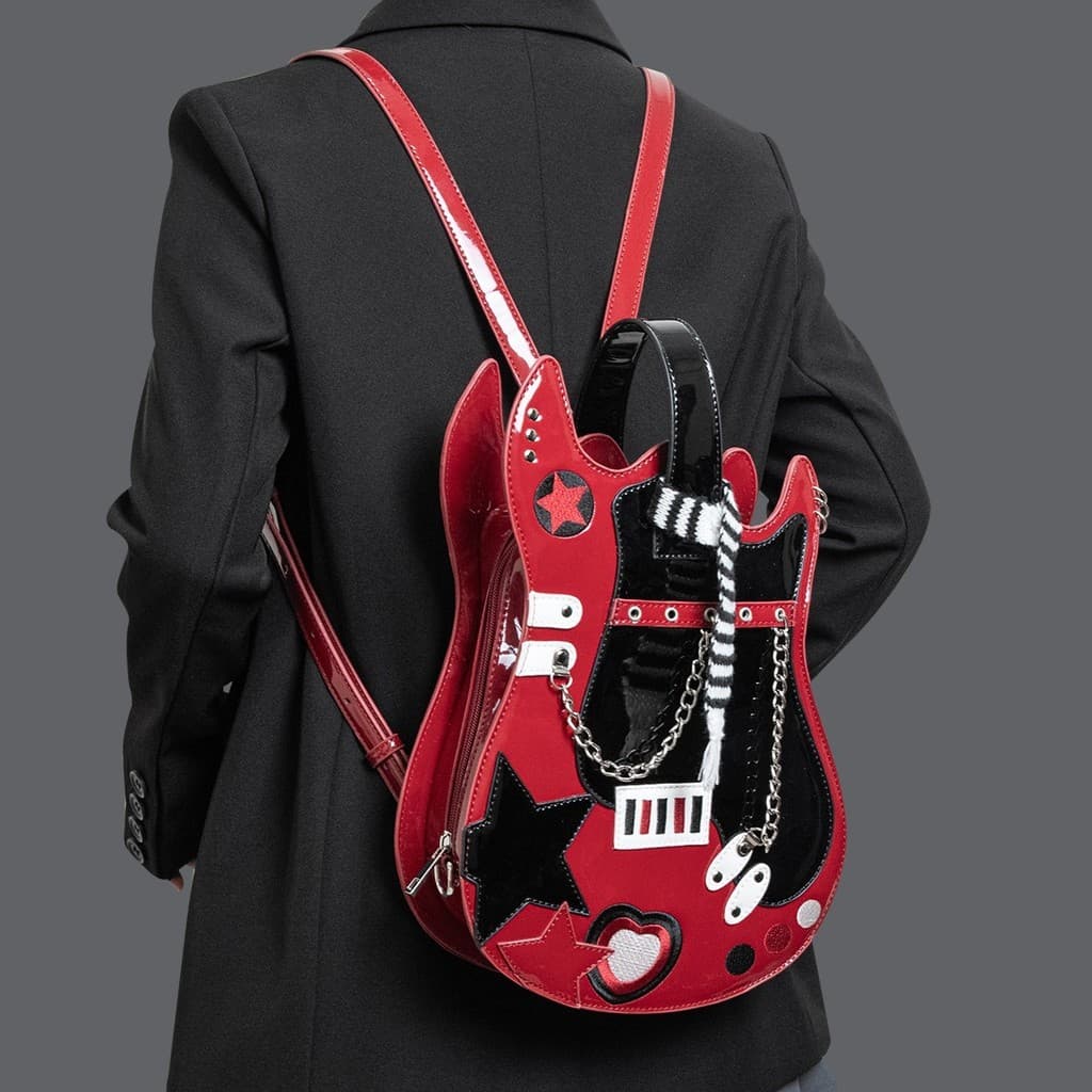 (w) Mochila Feminina Estilo Rock Y2K Para Guitarra – Bolsa Crossbody Diferente Com Tachas E Corrente