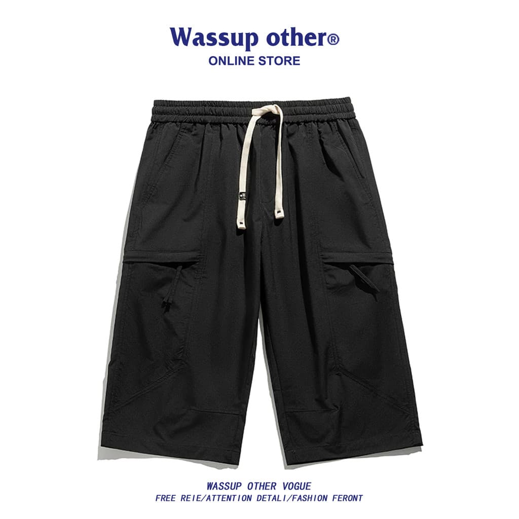 WASSUP OUTRO American vibe Calças Cortadas Verão Casual Solto Respirável Fino Cordão Shorts Masculino