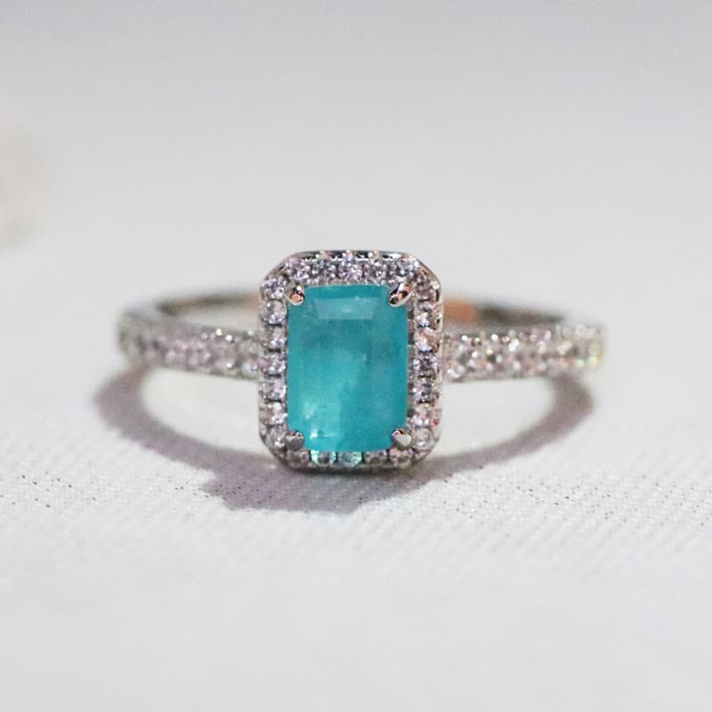 JZ319 Pedra Paraíba Sintética Azul Verde Retangular Imitação de Pedras Preciosas Anel Feminino Anel de Diamante Esmerald