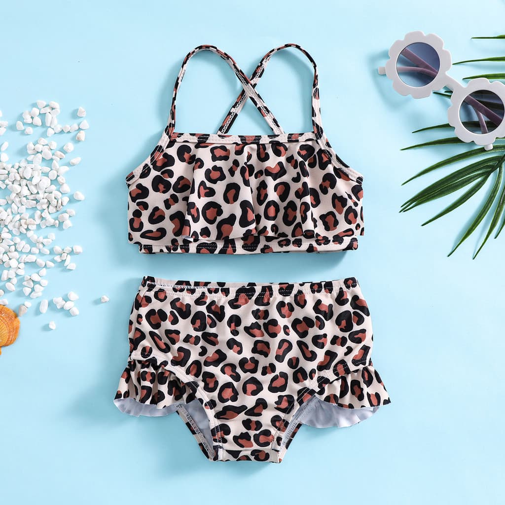 Novo Babado Crianças Maiô Leopardo Impressão Conjunto De Biquíni De Duas Peças Para Meninas Roupa Esportiva
