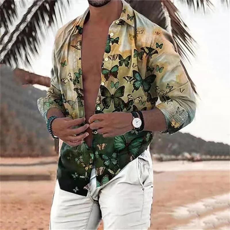 Camisa masculina havaiana com estampa de borboleta em 3D, camisa de manga longa com estampa floral, camisa de praia, tam