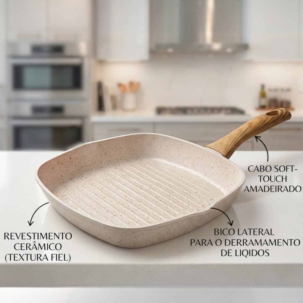 Frigideira de Cerâmica Quadrada Indução e Gás com Cabo Térmico Silicone 3.5L - 28cm