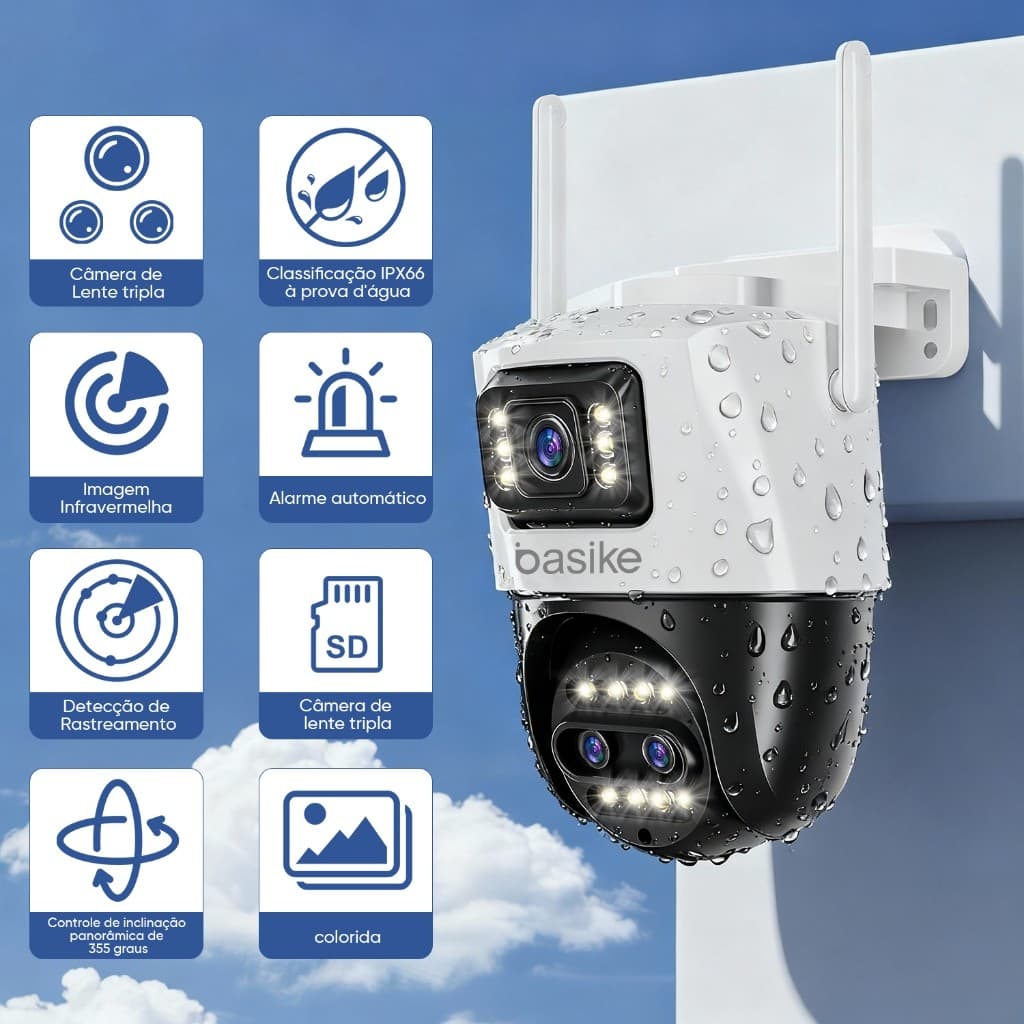 BASIKE Câmera Segurança 3 Lentes 12x Zoom 360° Visão 4K Noite Colorida Wi-Fi IP66 Prova DÁgua Detecção Movimento