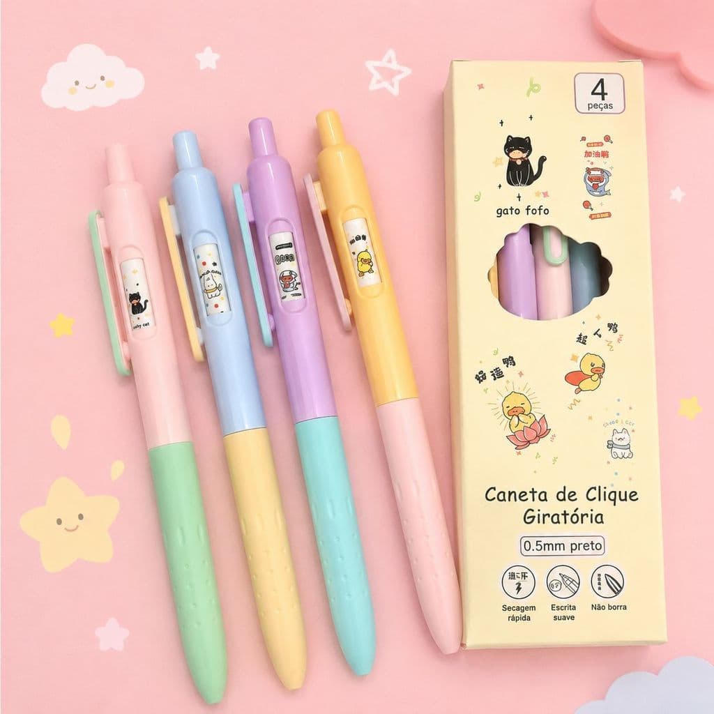 Caneta Gel Retrátil Preta Fofa 0.5mm, Muda de Design ao Clicar, Material Escolar Fofo