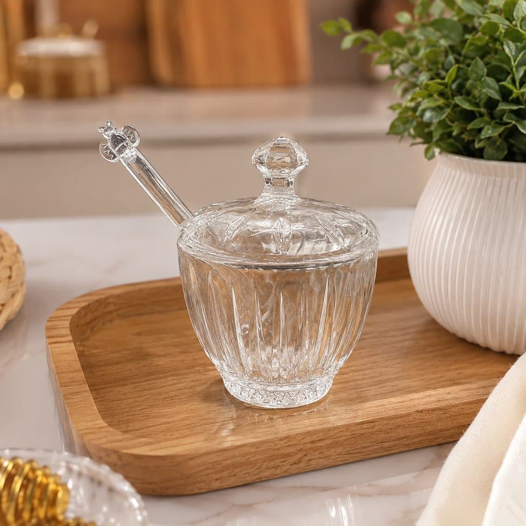 Meleira de Vidro Cristal 188ml Colher Dosadora Tampa Elegante Luxo Pote de Mel Cozinha Café Manhã
