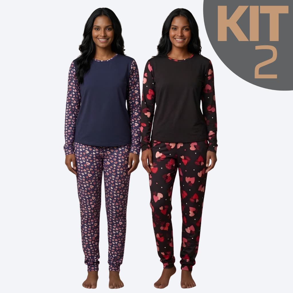 KIT 2 Pijamas Feminino Suede Estampado Inverno Longo Fechado Manga Comprida Conjunto Conforto Cores Variadas