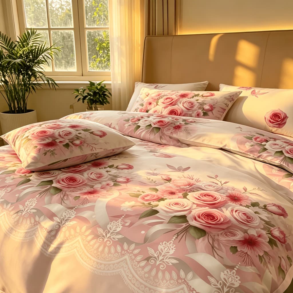 Conjunto de capa de edredão com 3 peças de buquê de rosas rosa, o xadrez é um elemento clássico inalterado, Use enfeite