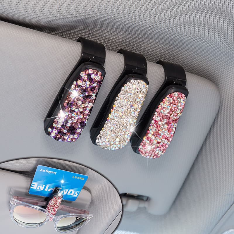 Suporte para óculos com detalhes em diamante para o para-sol do carro, acessório de armazenamento interno.