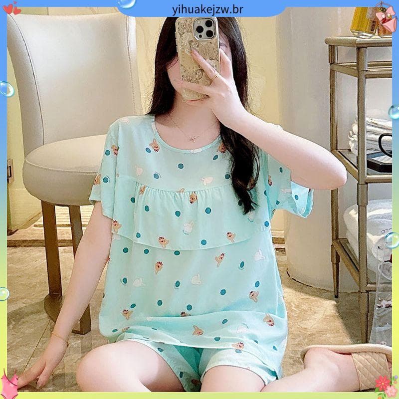 Pijamas de seda de algodão feminino Anti-colisão Shorts de manga curta terno verão legal almofadas sem peito tamanho gra