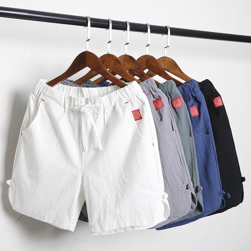 Shorts Casuais Estilo Masculino Chinês , Masculinos De Linho De Cinco Pontos Algodão E Multicoloridos Com Cordão Na Cint