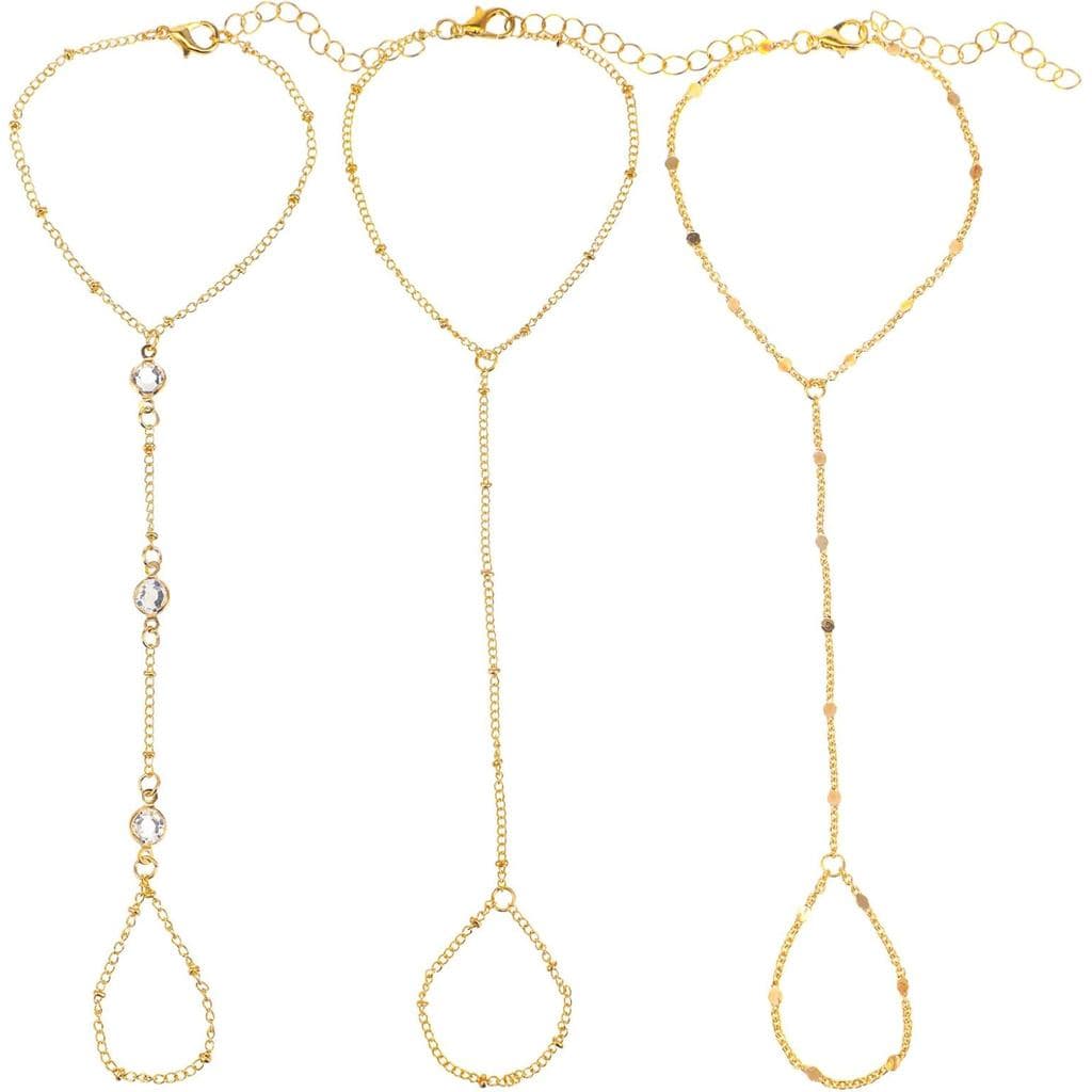 Conjunto de 3 Pulseiras de Mão Douradas para Mulheres, Pulseiras Empilháveis Delicadas Ajustáveis, Pulseira de Dedo Esti