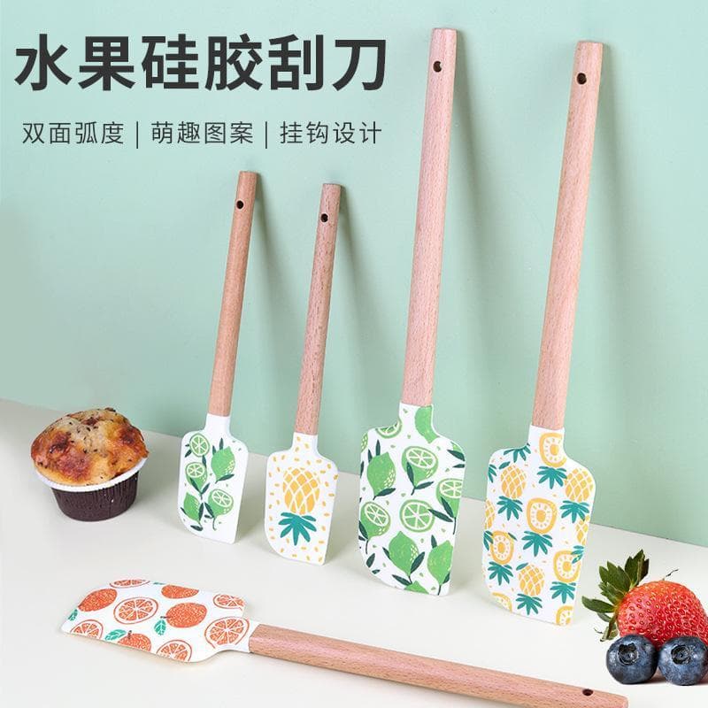 Espátula de Silicone com cabo redondo, espátula de creme, elemento de frutas, espátula de bolo, cabo de madeira, faca de