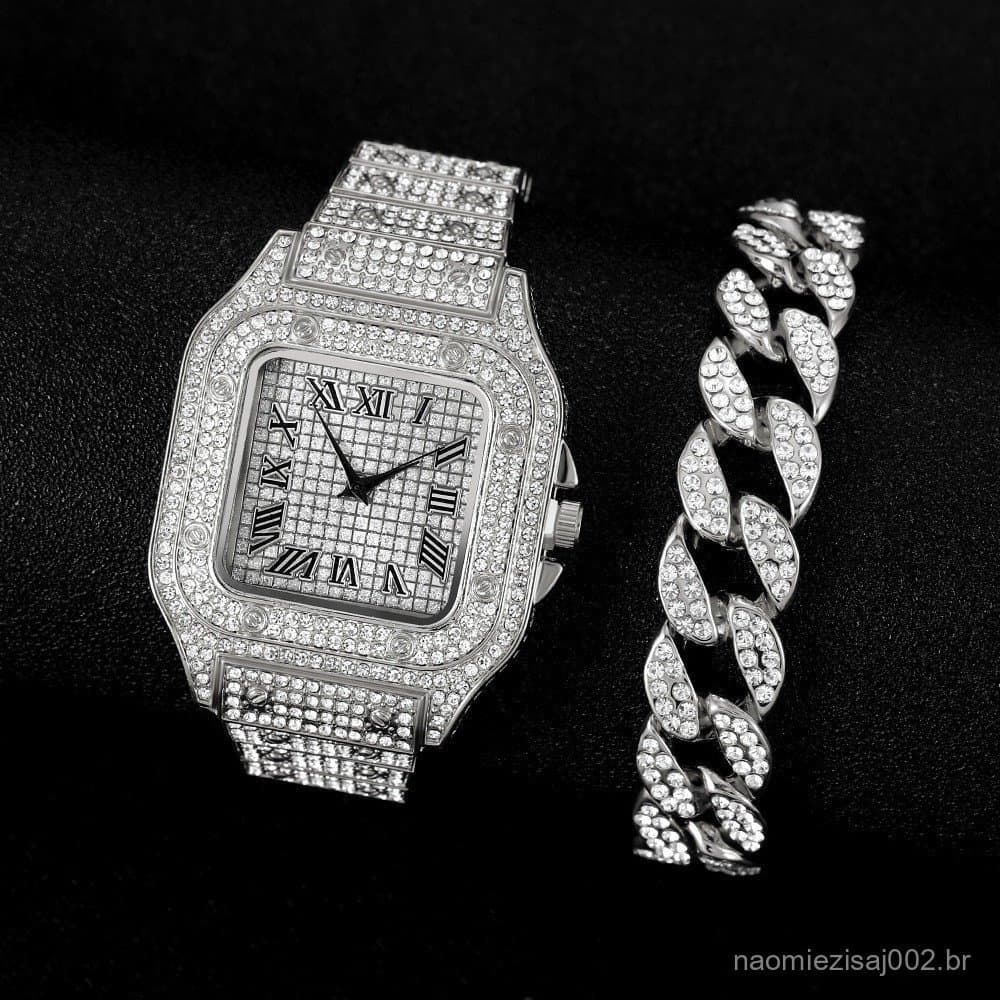 Novo Relógio De Masculino Ice Com Pulseira De Corrente Studded Masculina Cubana Hip Hop Silver