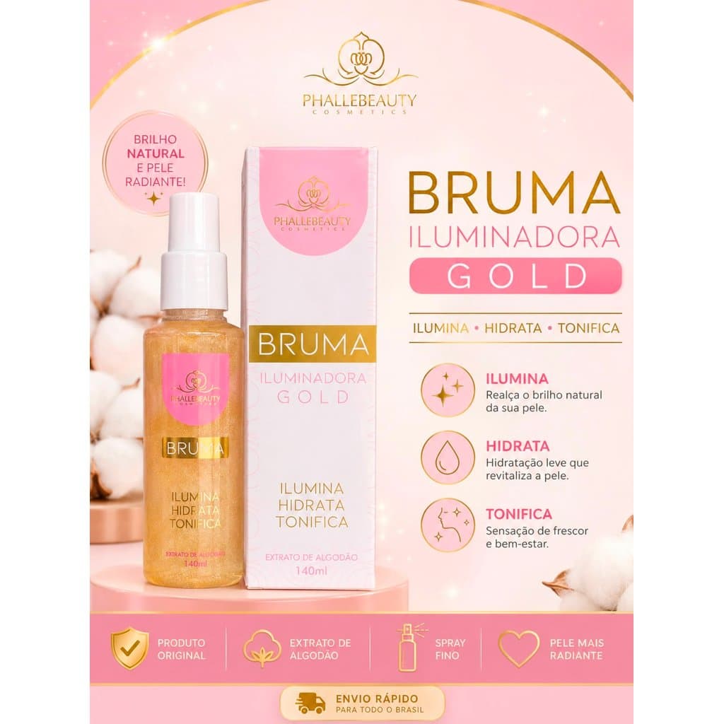 Bruma Iluminadora Gold Phallebeauty 140ml Glow Hidratante Tonificante