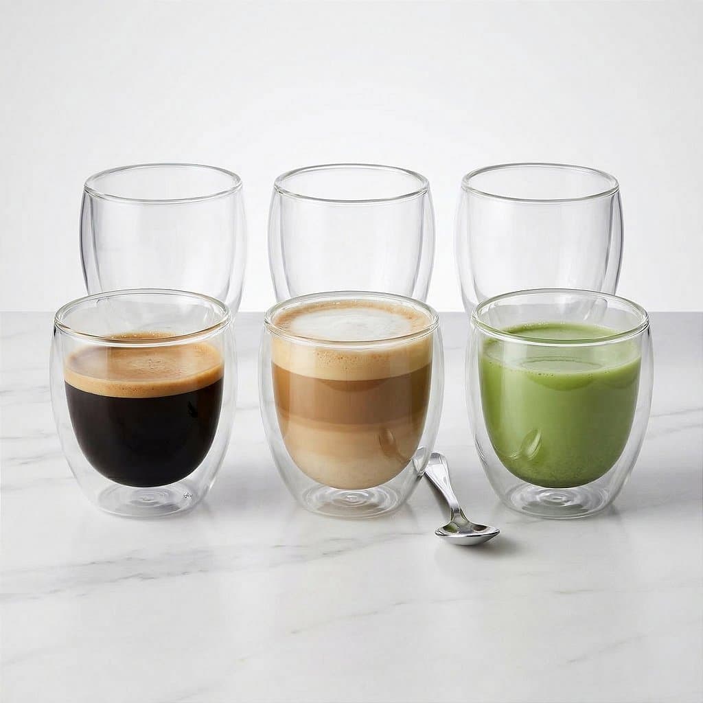 Kit Jogo 6 Copos Vidro Duplo 80ml 200ml 250ml Parede Dupla Térmico Café Expresso Cantina Luxo Escritório Recepção