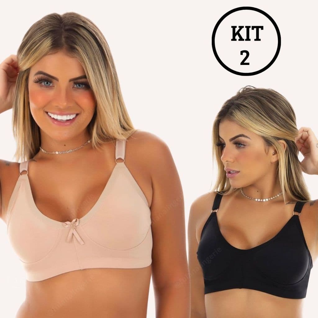 Kit 2 Sutiã Feminino Sustentação Reforçado Sem Bojo Forrado Em Microfibra - Sutia Normal