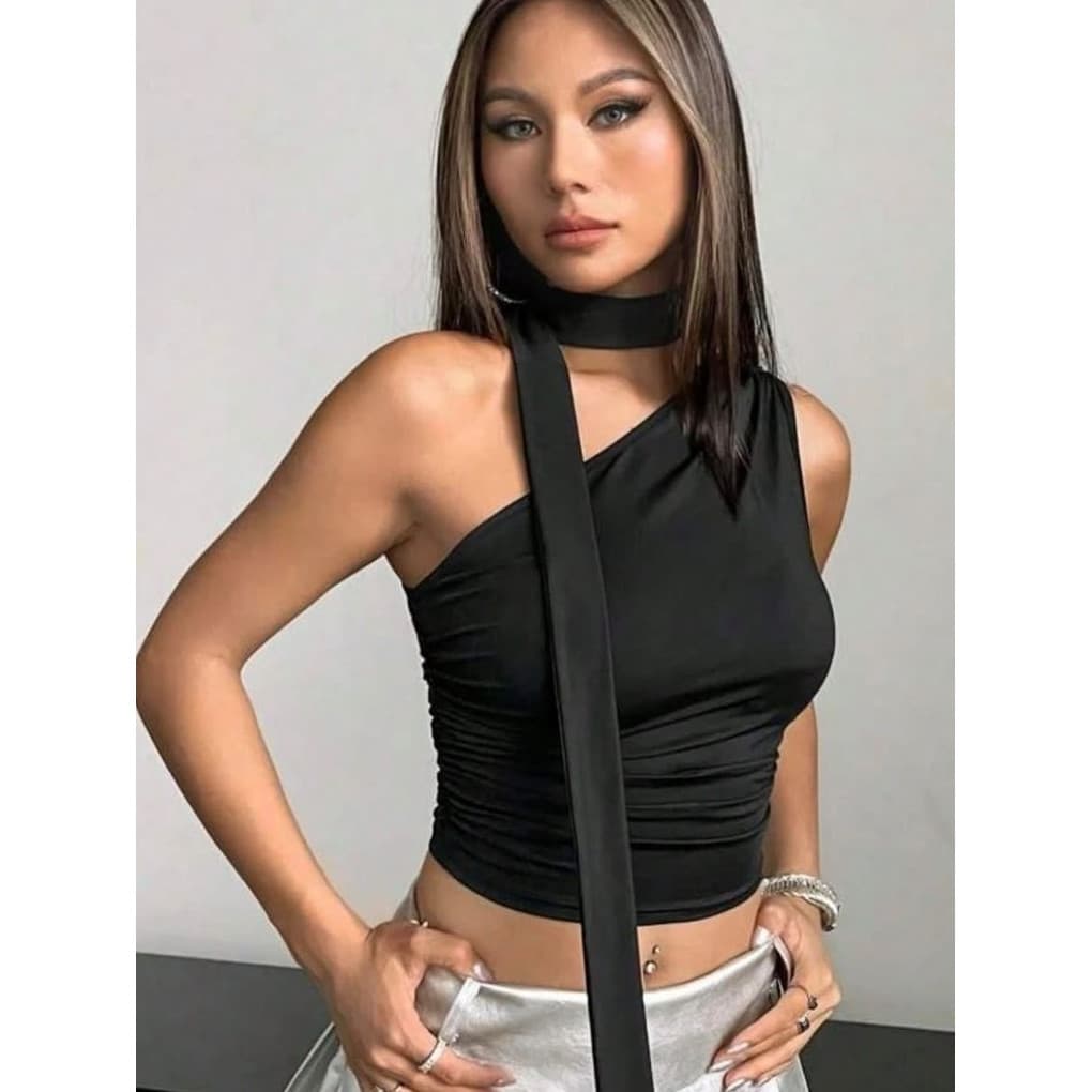 Blusa Cropped Um Ombro Só com Drapeado – Tendência Fashion