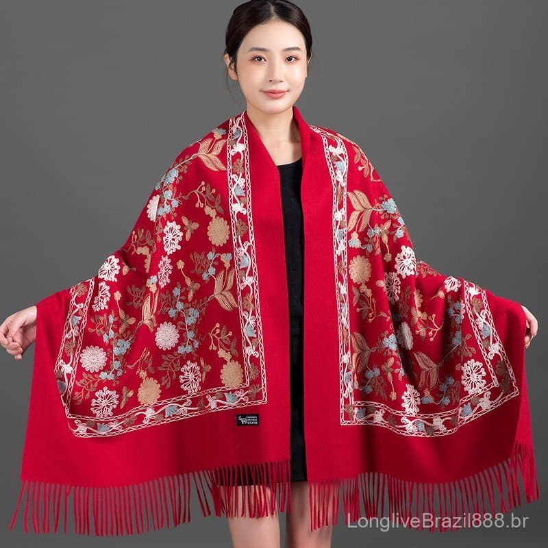 Cachecol bordado à mão coreano com miçangas, cachecol de inverno, cachecol vermelho brilhante, xale quente de outono e i
