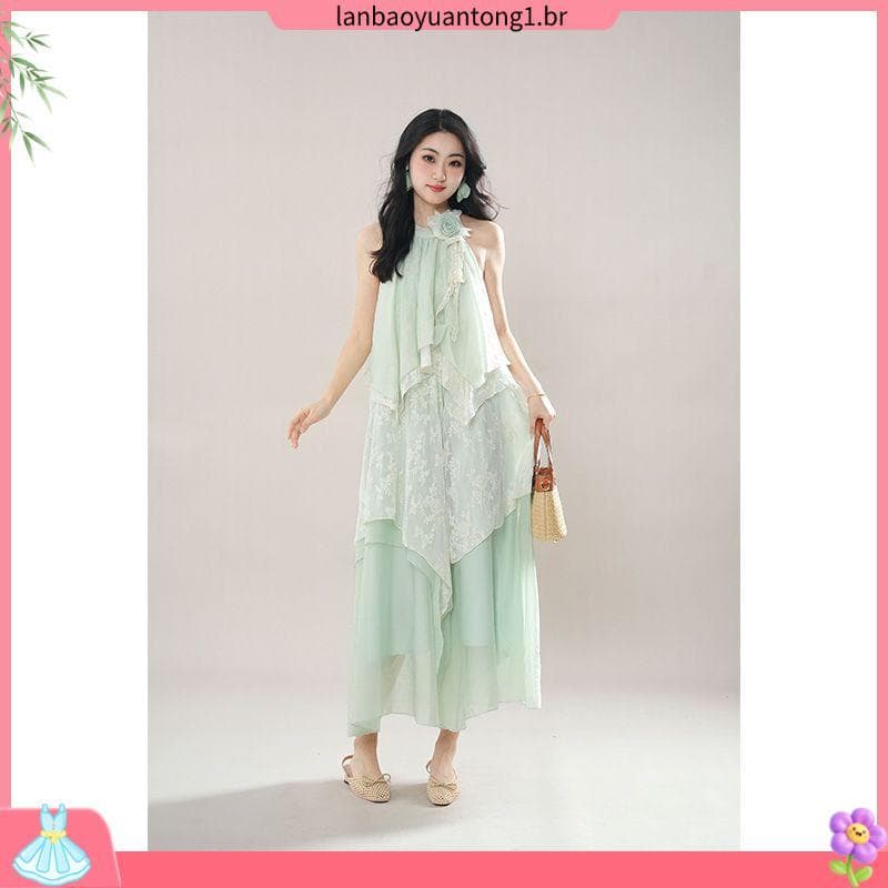 Menta verde Mambo estilo beira-mar férias Halter vestido feminino pequeno Design costura Irregular saia longa verão