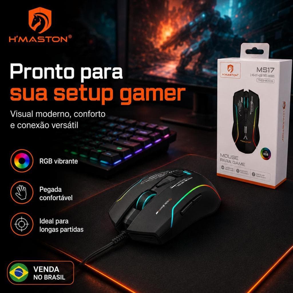 Mouse Gamer Triplo Modo H'Maston MS17 | Com Fio USB + 2.4G Sem Fio + Bluetooth Iluminação RGB Recarregável