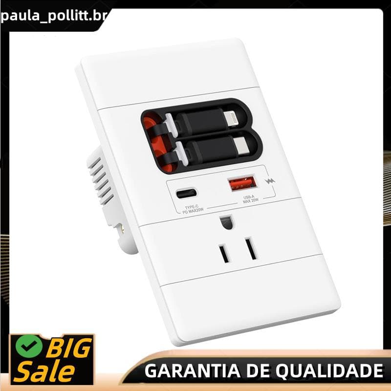 Tomada De Parede USB C GaN PD20W Para Tv De Cabeceira/Montagem Na/Mesa De Sofá
