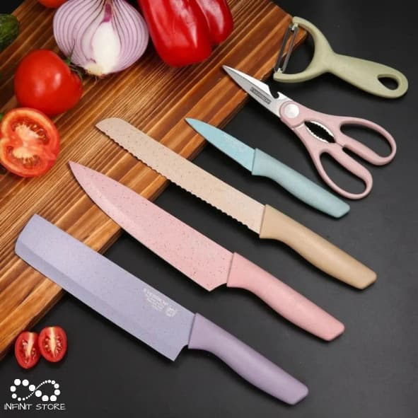 Kit Cozinha 6 Itens Facas Culinárias Coloridas Multifuncionais Cm Tábua De Cozinha
