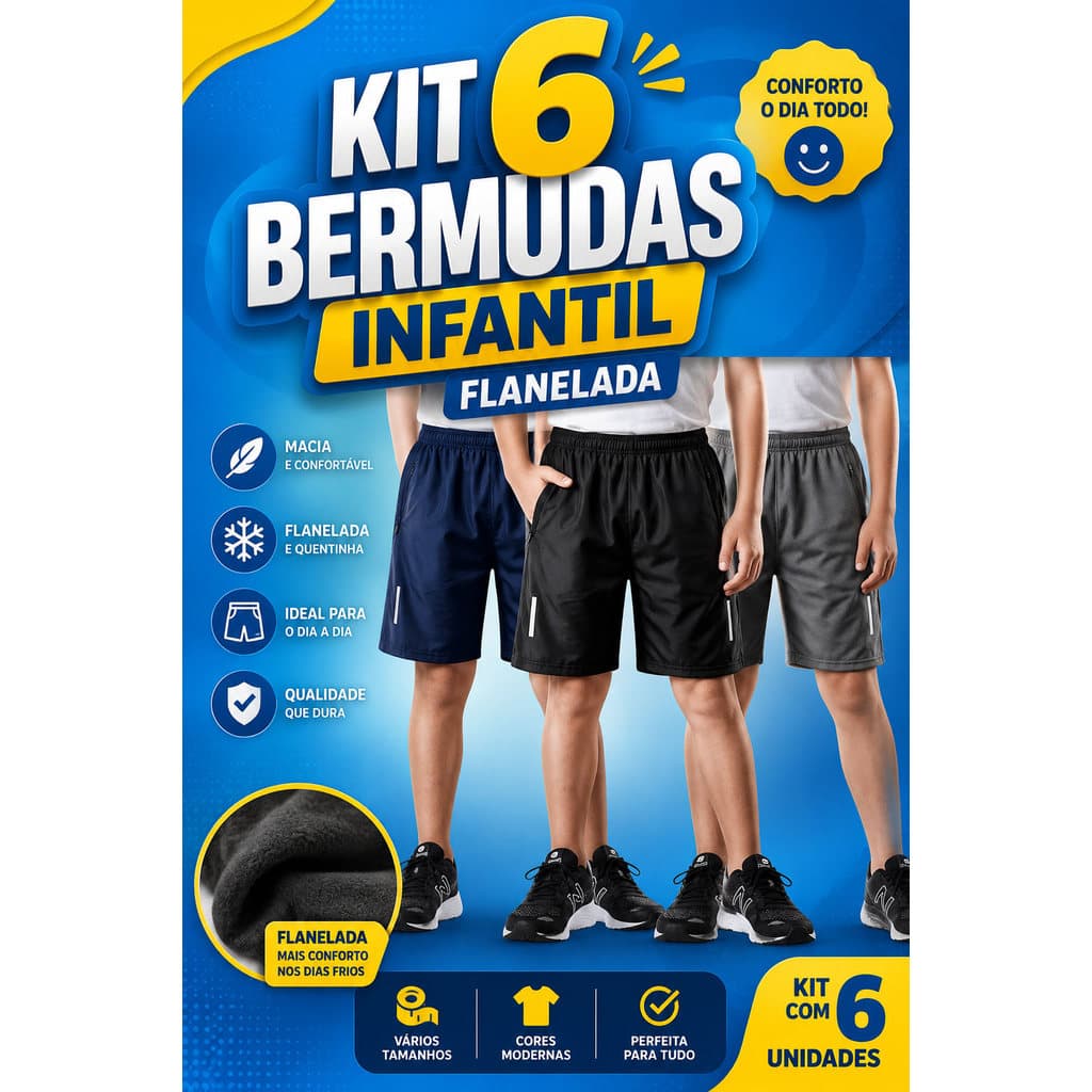 Kit 6 Bermudas Infantil Juvenil Flanelado Chimpa Escola Lazer e Dia a Dia Melhor Preço
