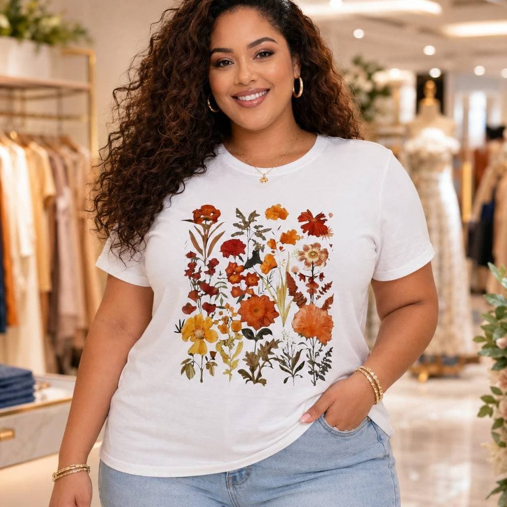 Camiseta Plus Size Feminina 100% Algodão Flowers Aesthetich Floral Estampada
