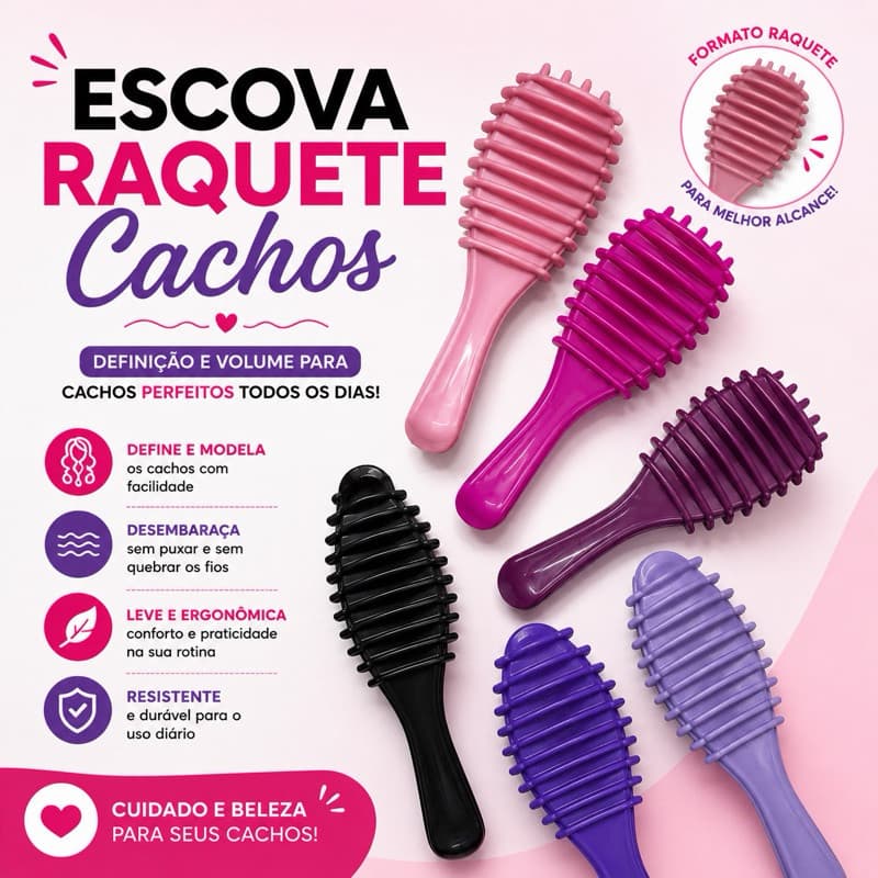 Kit 3/6/9 ou 12 Escovas Cabelo Raquete Cachos Feminina Desembaraçante Mágica Antifrizz Varias Cores