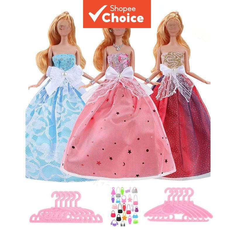 16 Peças de Vestidos de Boneca de 11,5 Polegadas, Conjunto de Brinquedos Infantis 3 Bonecas da Moda 3 Bolsas 10 Cabides