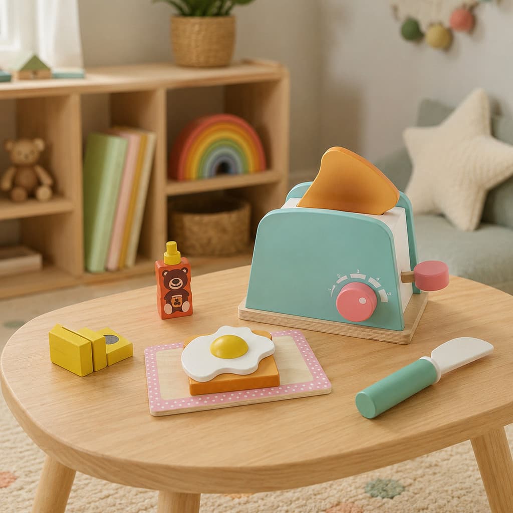 Torradeira Brinquedo de Madeira Mini Cozinha Montessori 8 Pç