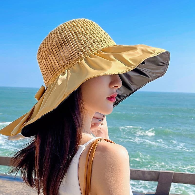 Novo estilo chapéu de sol feminino verão vinil arco oco chapéu de palha Anti-ultravioleta grande borda capa rosto protet
