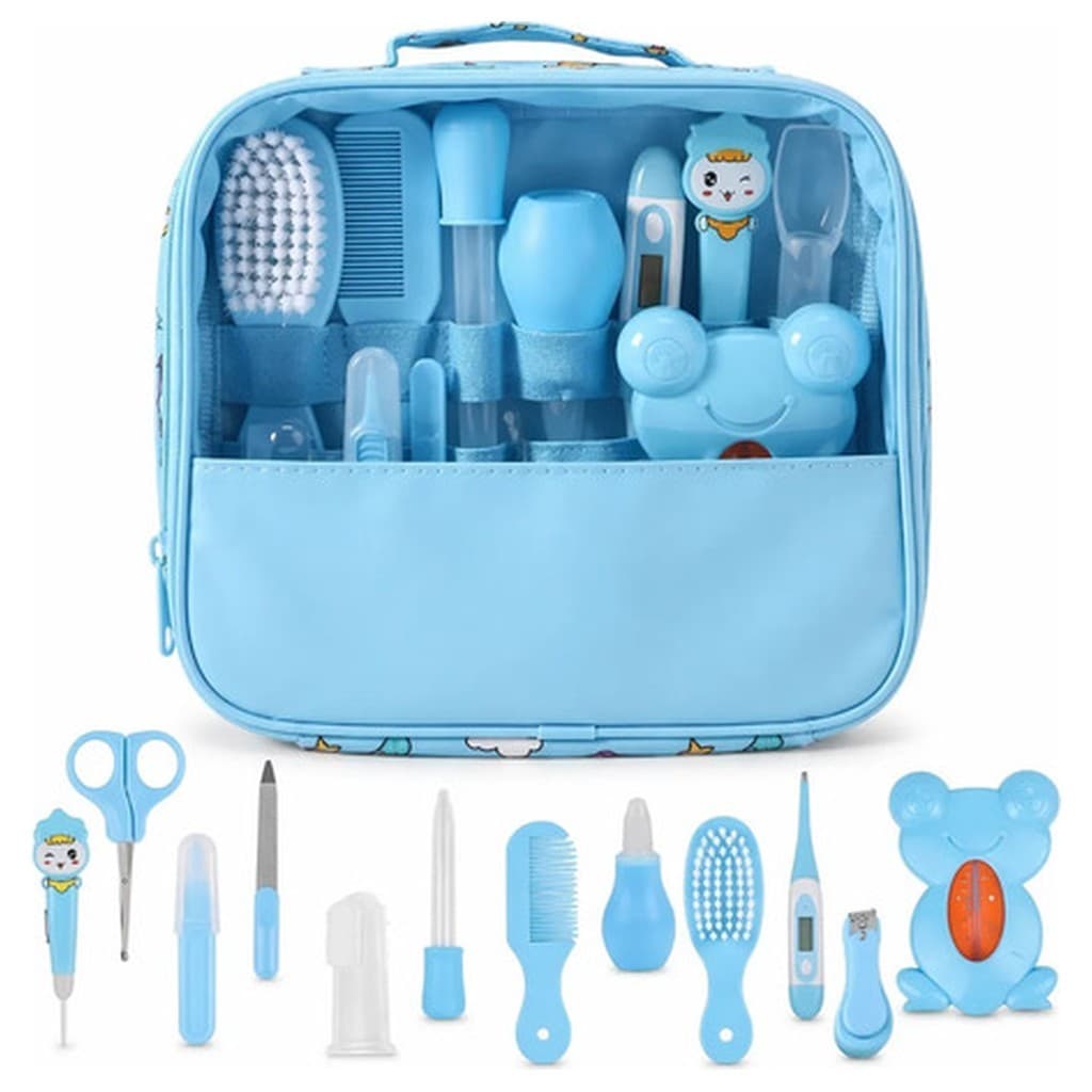 Kit Primeiros Cuidados Bebê 13 Peças Nécessaire Azul Shopline Higiene Recem Nascido Cortador Unha Tesoura Termômetro