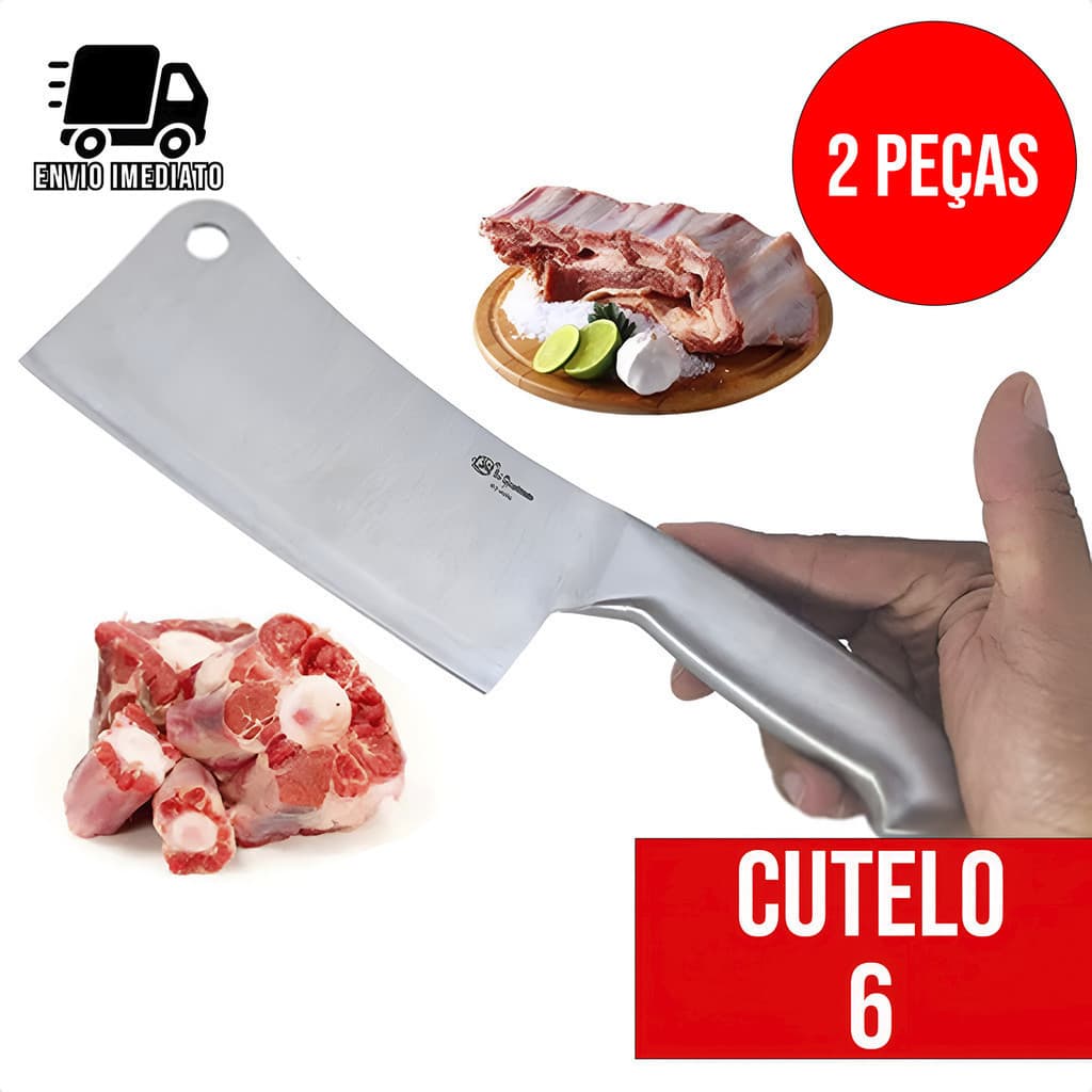 Kit 2 Cutelo Profissional Inox 6" Faca de Açougueiro Chef Cozinha Pesada Afiada Alta Qualidade