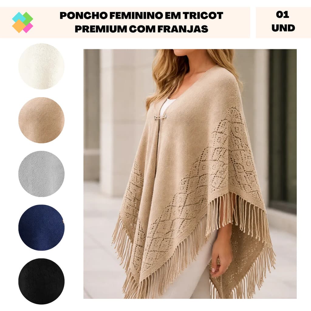 Poncho Feminino em Tricot Premium com Franjas Elegante Inverno Luxo (1 Und)