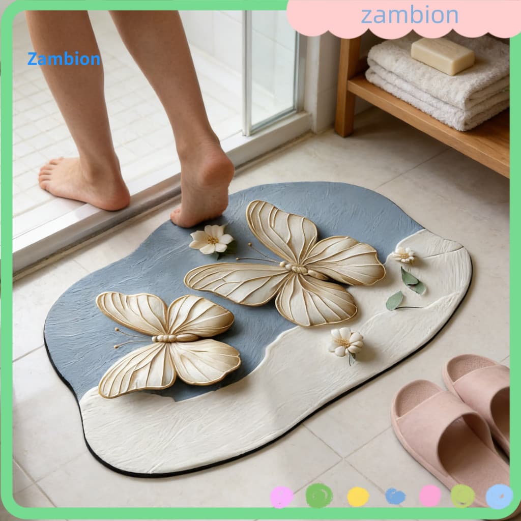 Quick Drying Bath Mat High Water Absorption Floor Anti-slip Bathroom with 3d Realistic Butterflies Floral Pattern – fo
