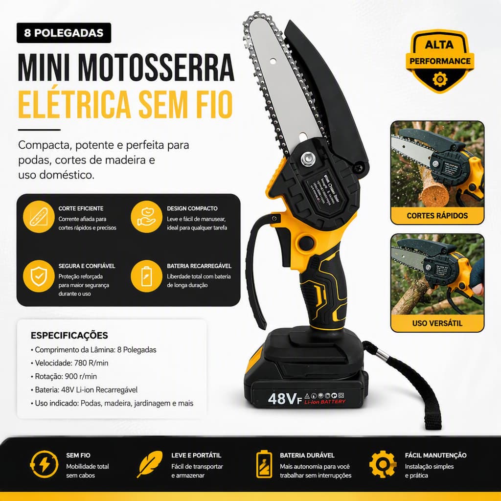 Mini Motosserra Elétrica Sem Fio Portátil 8 Polegadas 2 baterias recarregáveis ​​de íon-lítio de 48 V e Maleta
