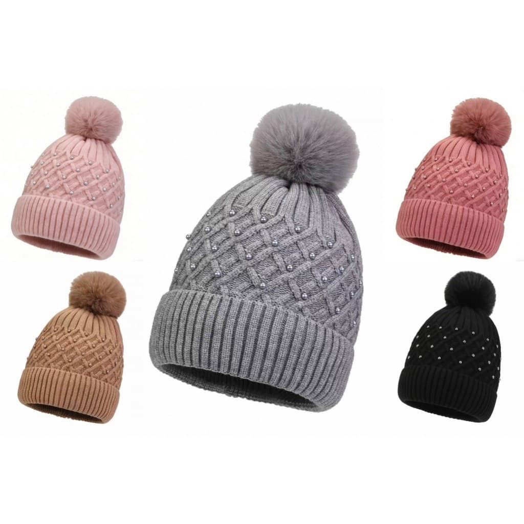 Touca Gorro Trançada Com Pompom e perola Forrada Feminina  Inverno Quente Confortável Diversos