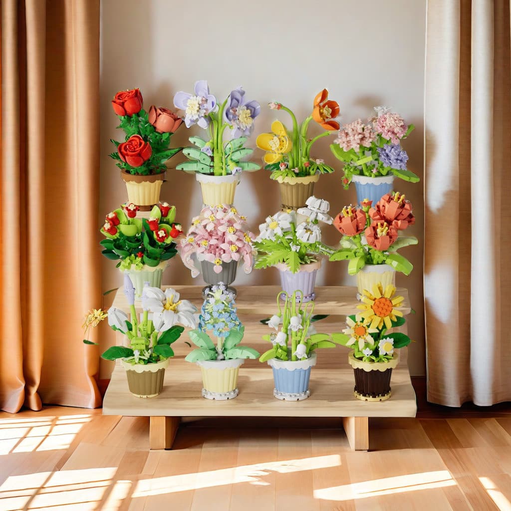 [Venda quente] Bloco de construção flores partículas suculentas vaso girassol peônia rosa lírio flor montagem brinquedo
