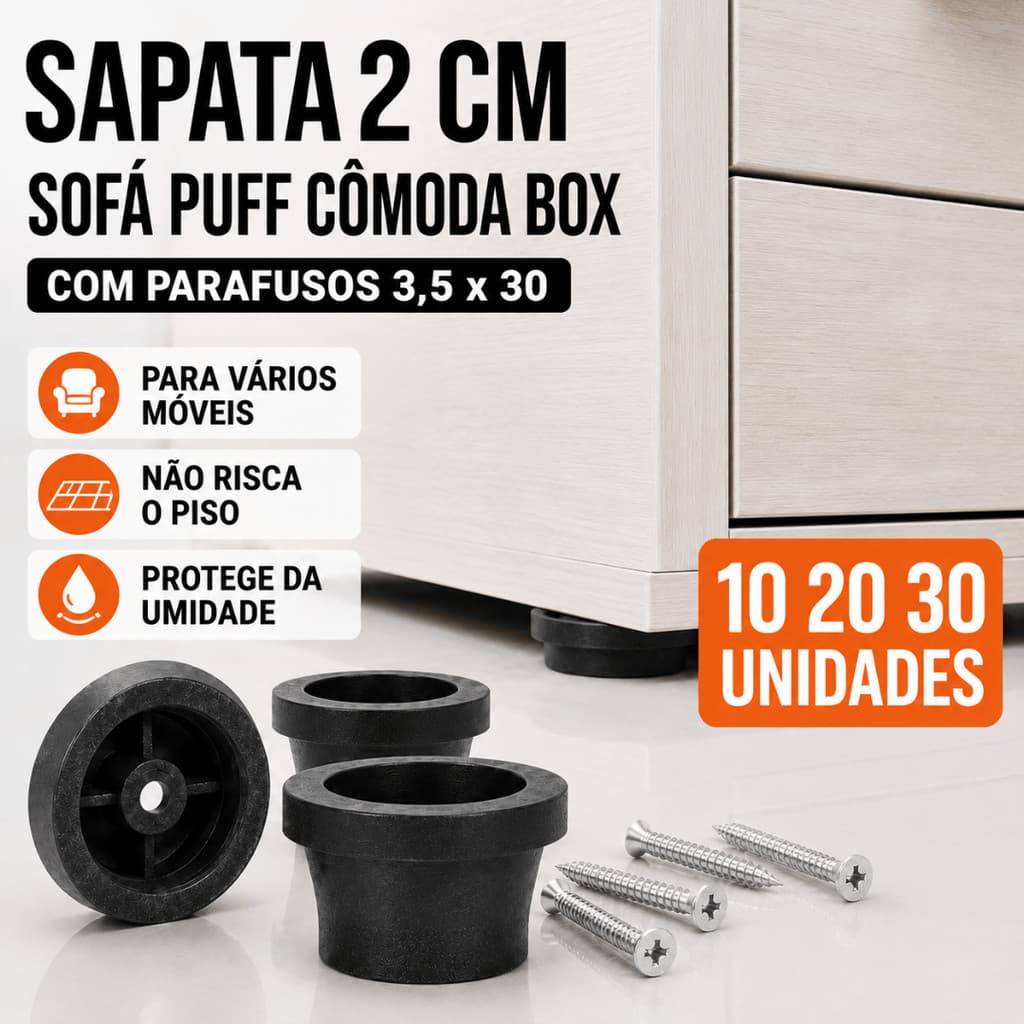 Pé Baixo para Móveis Sofá Puff Rack Armário Preto 2cm com Parafuso 10 20 ou 30 Unidades
