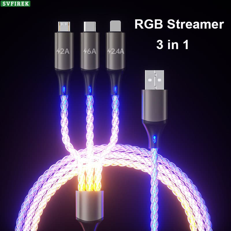 Cabo De Carregamento 3 Em 1 100W RGB Gradient Streamer Núcleo De Cobre Puro 6A PD Dados De Carga Rápida Suporta QC3.0 FC