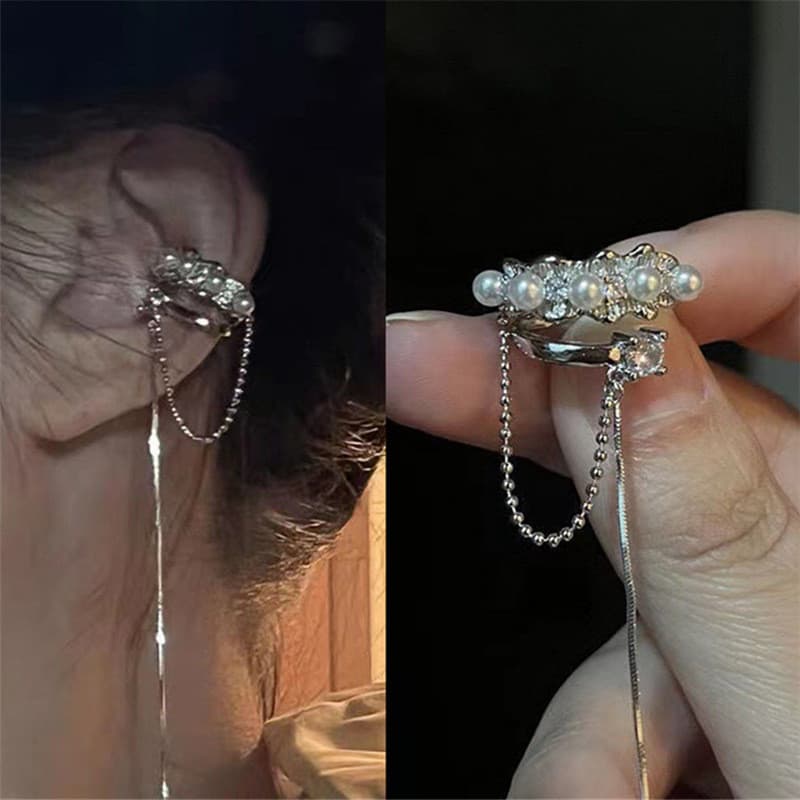 Brinco de Pressão Francês com Pérola Longa e Franja para Orelhas Não Furadas, Luxo Leve e Elegante 
 
   A0PD