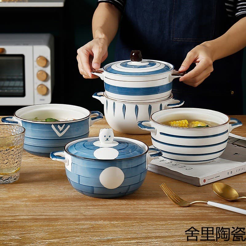 Tigela de cerâmica de orelha dupla estilo japonês com tampa | Tigela de sopa de macarrão instantâneo Ramen de grande cap
