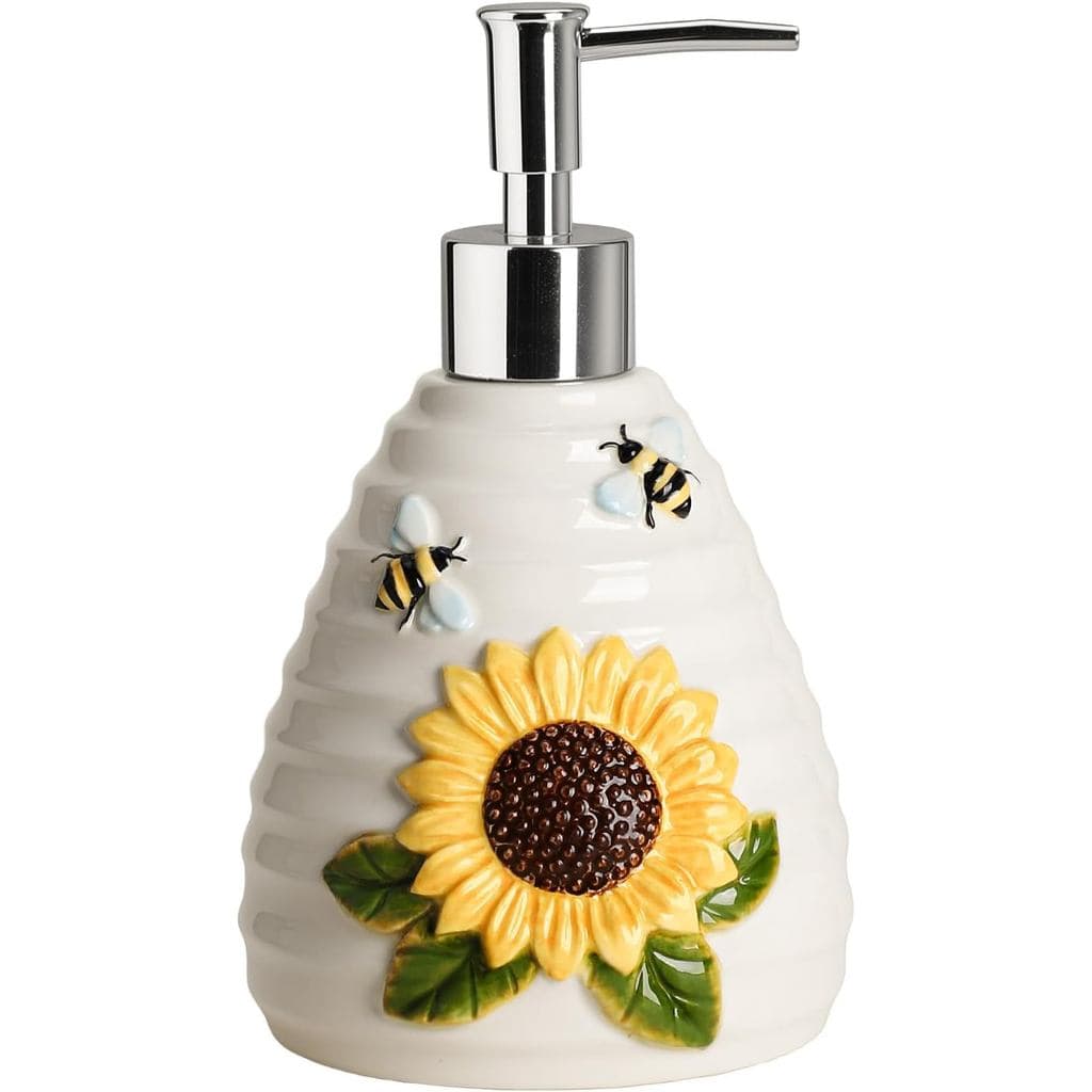 Dispensador de Sabão Cerâmico WAIT FLY Bee and Sunflower com Bomba Plástica, Frasco Recarregável para Sabão e Loção-Sunf
