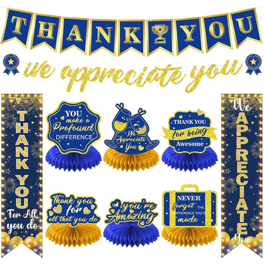 10 peças Decorações "Agradecemos Você" Azul e Dourado, Faixa "Obrigado por Tudo o Que Você Faz, Agradecemos Você", Centr