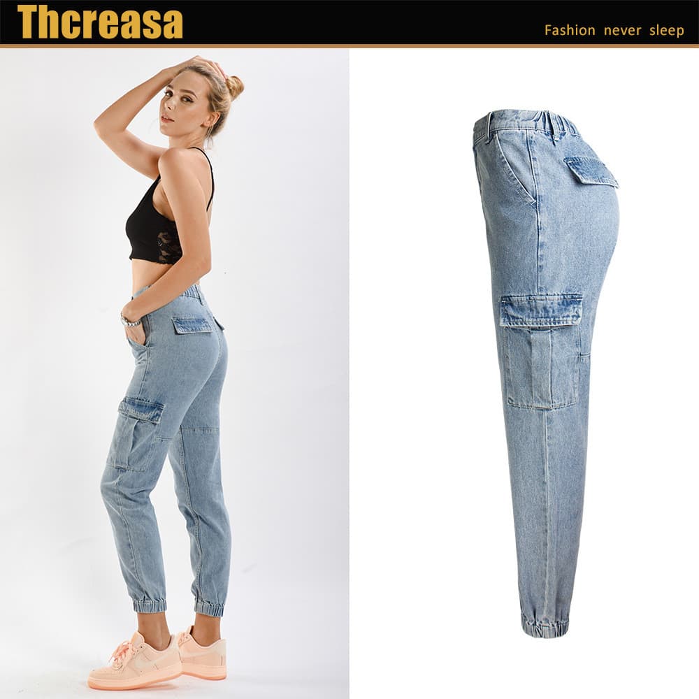 [Novo produto] Calça jeans alta feminina harém solta perna larga elástica bolso grande jeans de trabalho [venda quente]