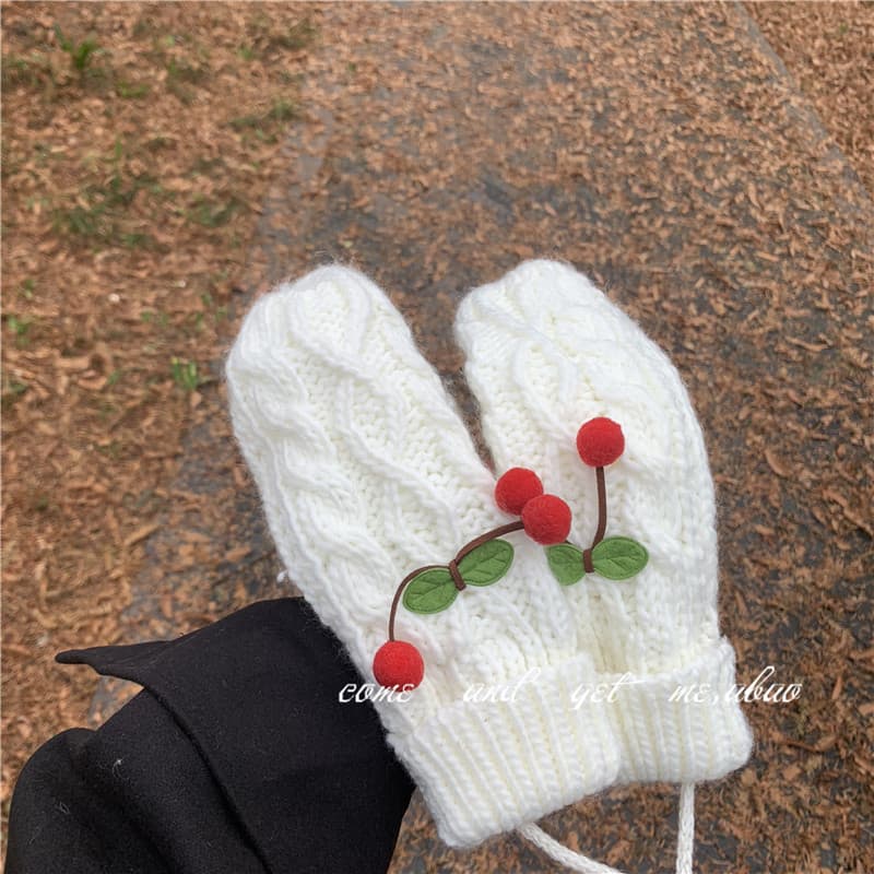 A BaO-Coréia ins outono inverno bonito menina mais veludo malha vermelho cereja luvas ao ar livre quente Halter casal
