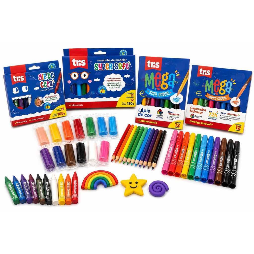 Kit Escolar TRIS 4 Itens | Canetinha 12 Cores + Lápis de Cor + Giz de Cera Jumbo + Massinha de Modelar