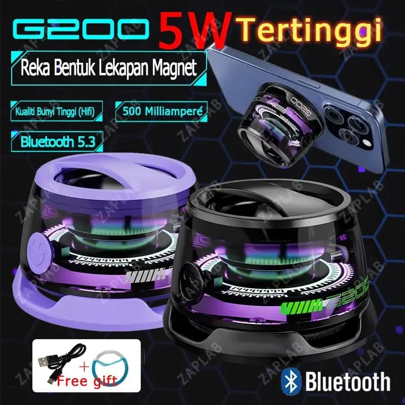 Caixa de Som Bluetooth Portátil, Tamanho Mini, G200, Potência de 5W, Iluminação RGB, Design Magnético, Bluetooth 5.3, Ca