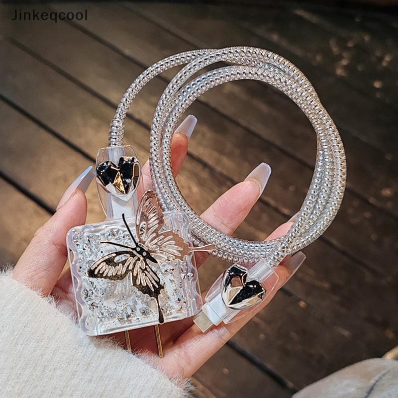 Jqbr Bonito 3D Pêssego Coração Bowknot Glitter Epóxi Cabo USB Protetor Capa Para 18W-20W Linha De Dados Cabeça Carregame